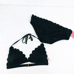 Kate Spade XL Black Scalloped Triangle Bikini Top & Hipster Bottom Set